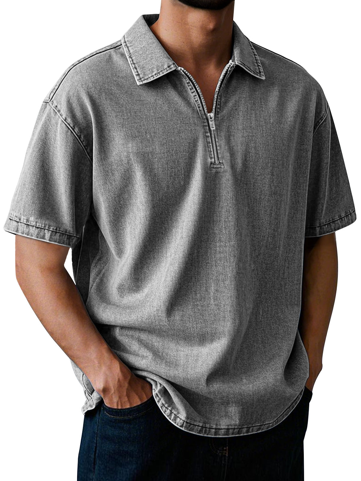 Men's Casual Retro Lapel Zipper Solid Color Short Sleeve POLO Shirt