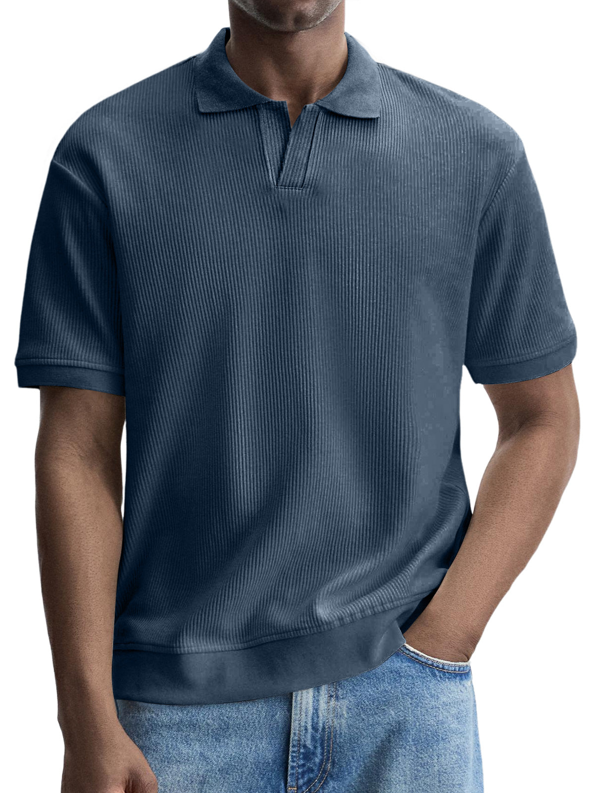 Men's Fashionable Casual Pitted V-neck Solid Color Short-sleeved Polo Shirt