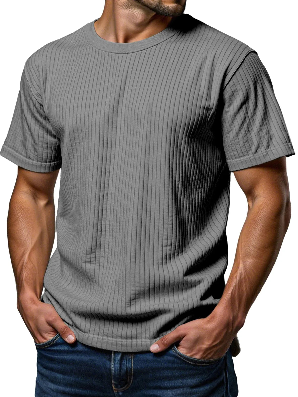 Men's Daily Loose Vertical Texture Round Neck Short-sleeved T-shirt