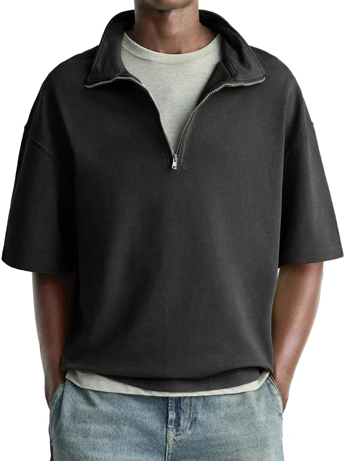 Men's Daily Casual Stand Collar Zipper Comfortable Short-sleeved T-shirt