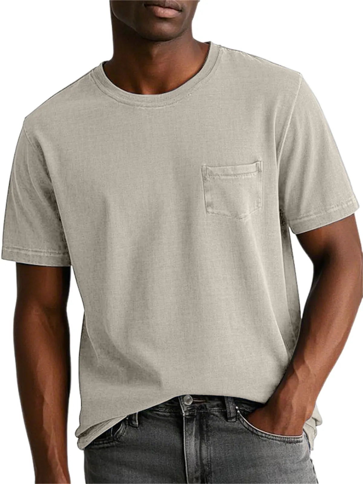 Men's 100% Cotton Washed And Distressed Retro Pocket Round Neck Short-sleeved T-shirt