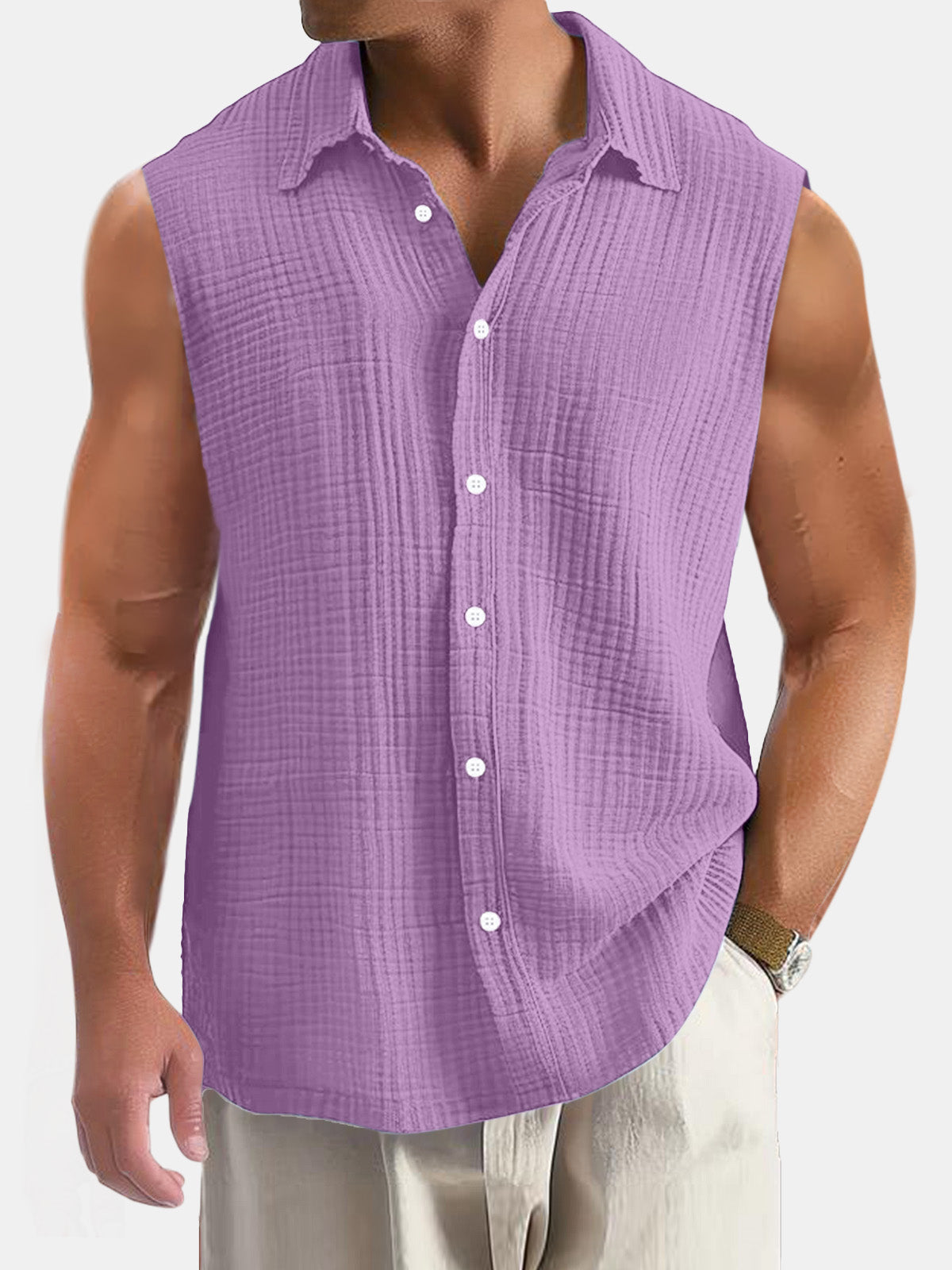 Men's Summer Casual Simple Puff Wrinkle Sleeveless Shirt