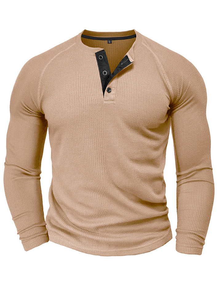 Men's Waffle Henley Collar Textured Long-sleeved Top