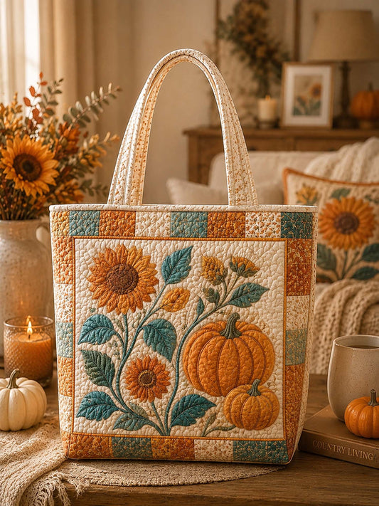 Harvest Season Stacked Pumpkin Floral Quilted Tote Bag
