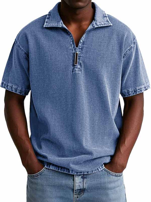 Men's Retro Distressed Zip Short Sleeve Polo Shirt