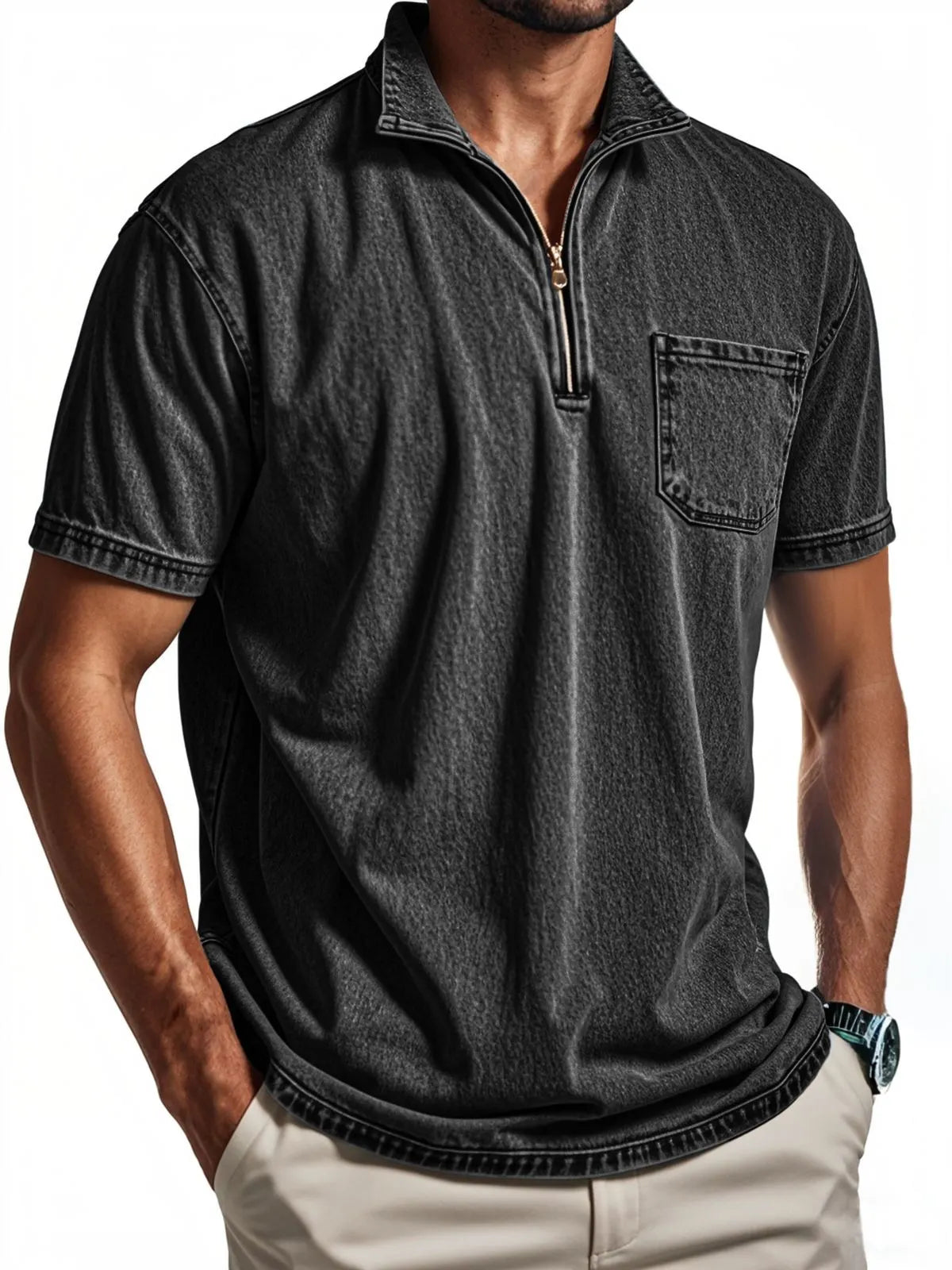 Men's Vintage Distressed Quarter Zip Polo Shirt With Chest Pocket