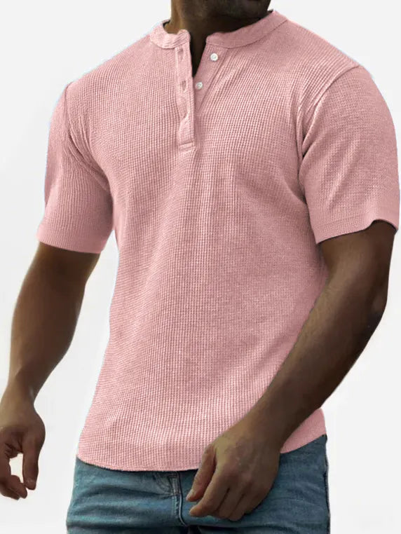 Men's Waffle Fashion Button-Down Henley Short Sleeve Top
