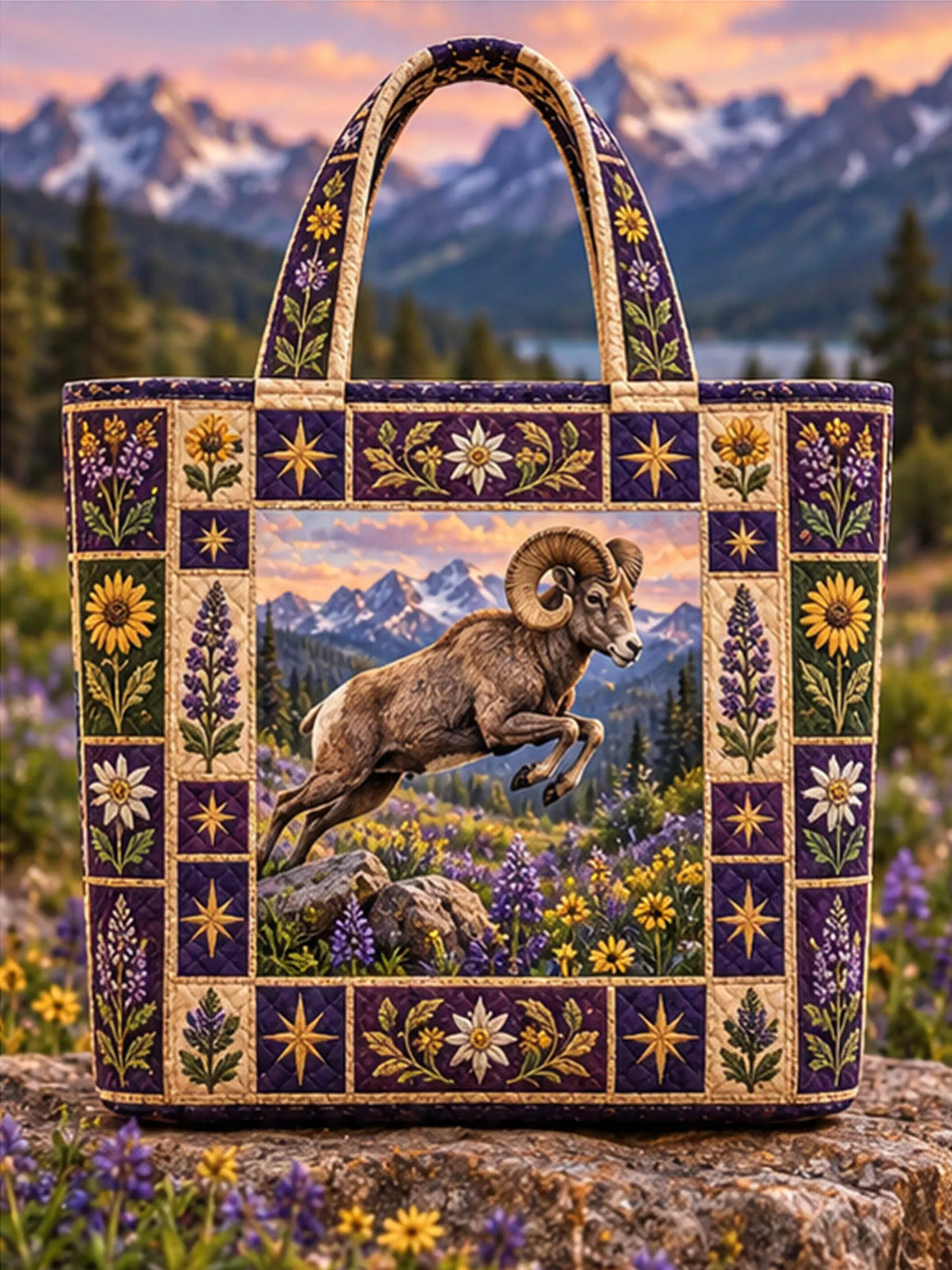 Vintage Bighorn Sheep Wildflower Mountain Patchwork Quilted Tote Bag