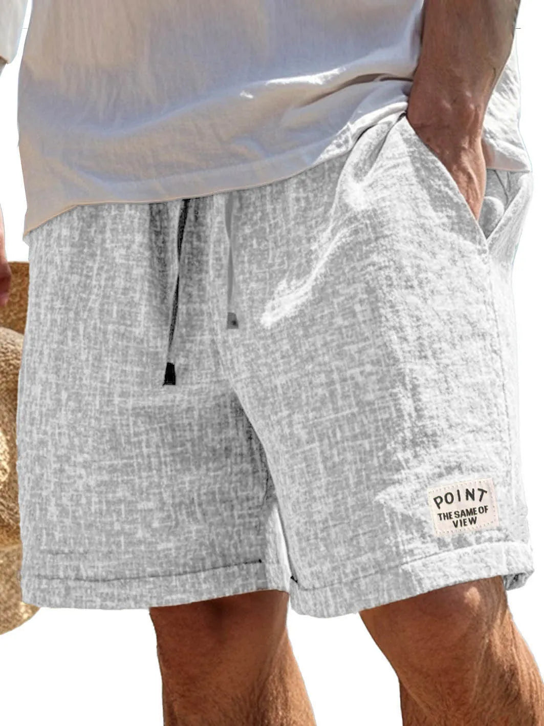 Men's Fashion Casual Hemp Fabric Pocket Embroidered Logo Shorts