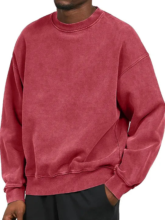 Men's Washed Distressed Cotton Basic Round Neck Long-sleeved Sweatshirt