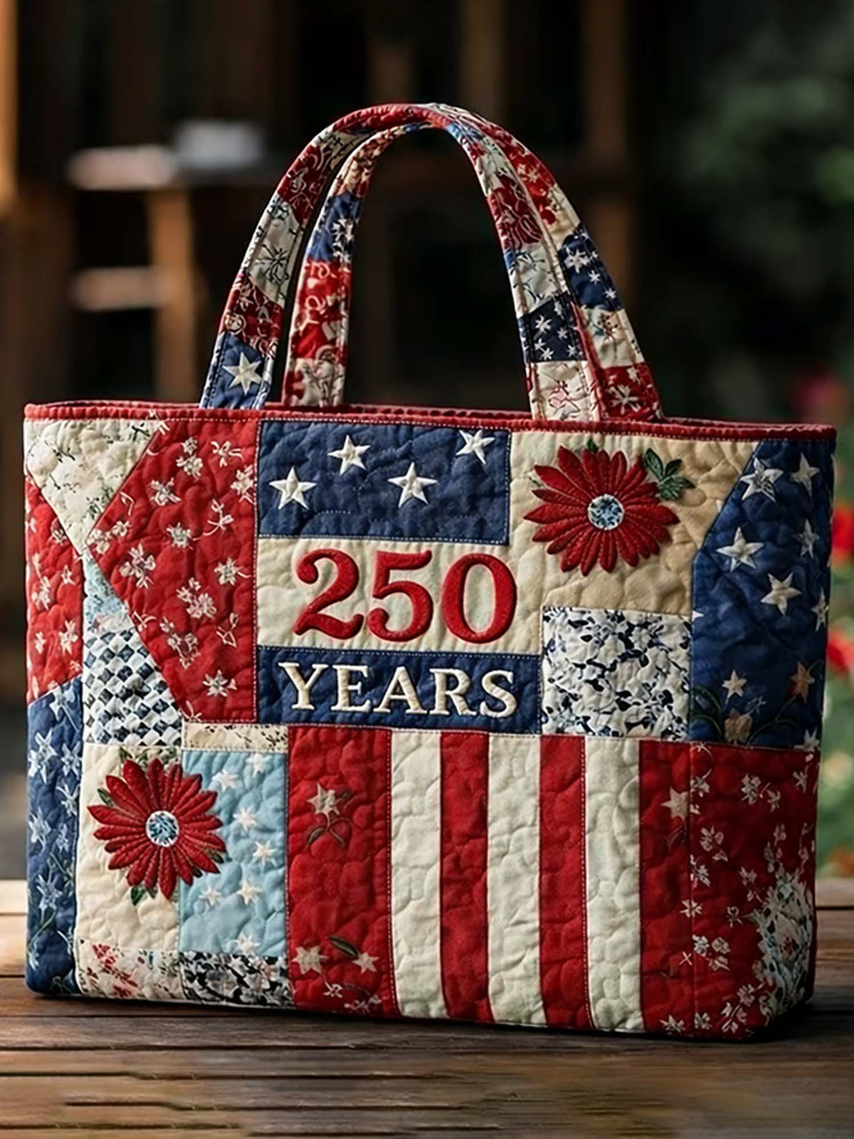 US 250th Anniversary Retro Floral Quilted Tote Bag
