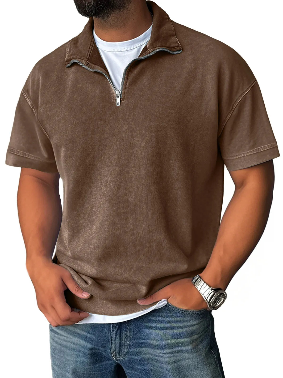Men's Retro Stand Collar Zipper Casual Solid Color Short Sleeve T-Shirt