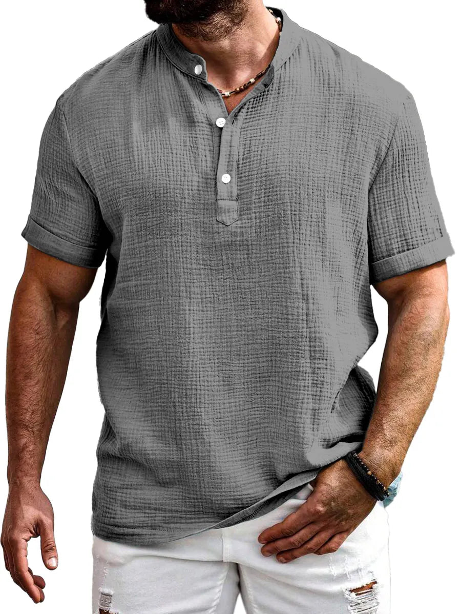Men's Everyday Solid Color Texture Short-sleeved Half-open Collar Henley Shirt