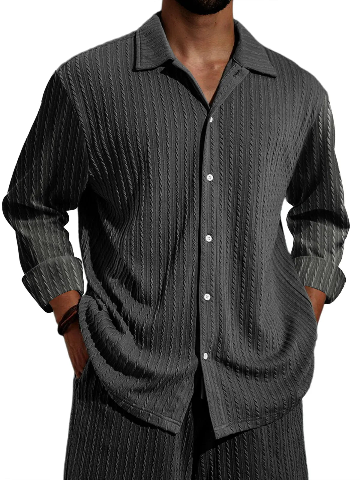 Men's Casual Vertical Stripe Solid Color Long-sleeved Shirt