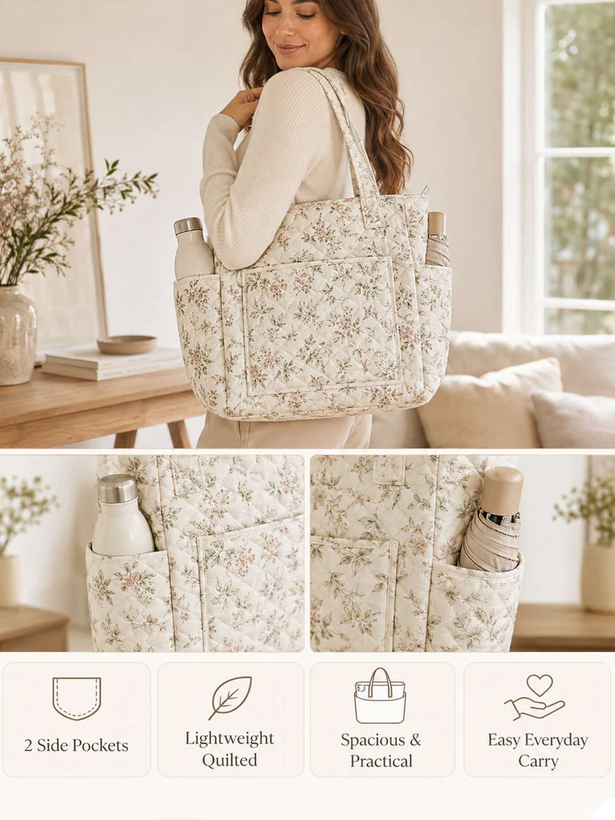Bloom Highland Multiple Pockets Quilted Tote Bag
