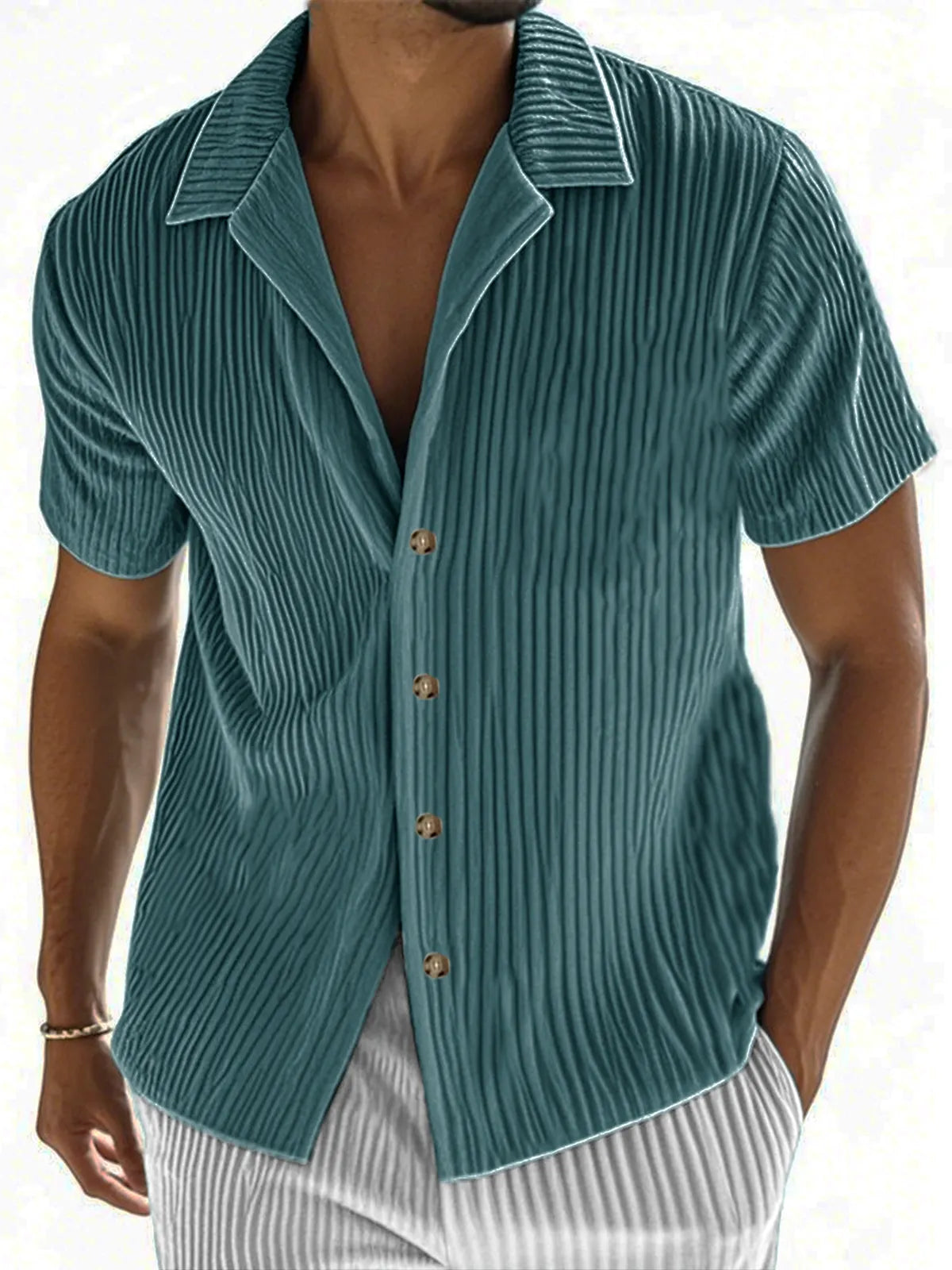 Men's Ribbed Vertical Striped Camp Collar Short-sleeved Lapel Shirt