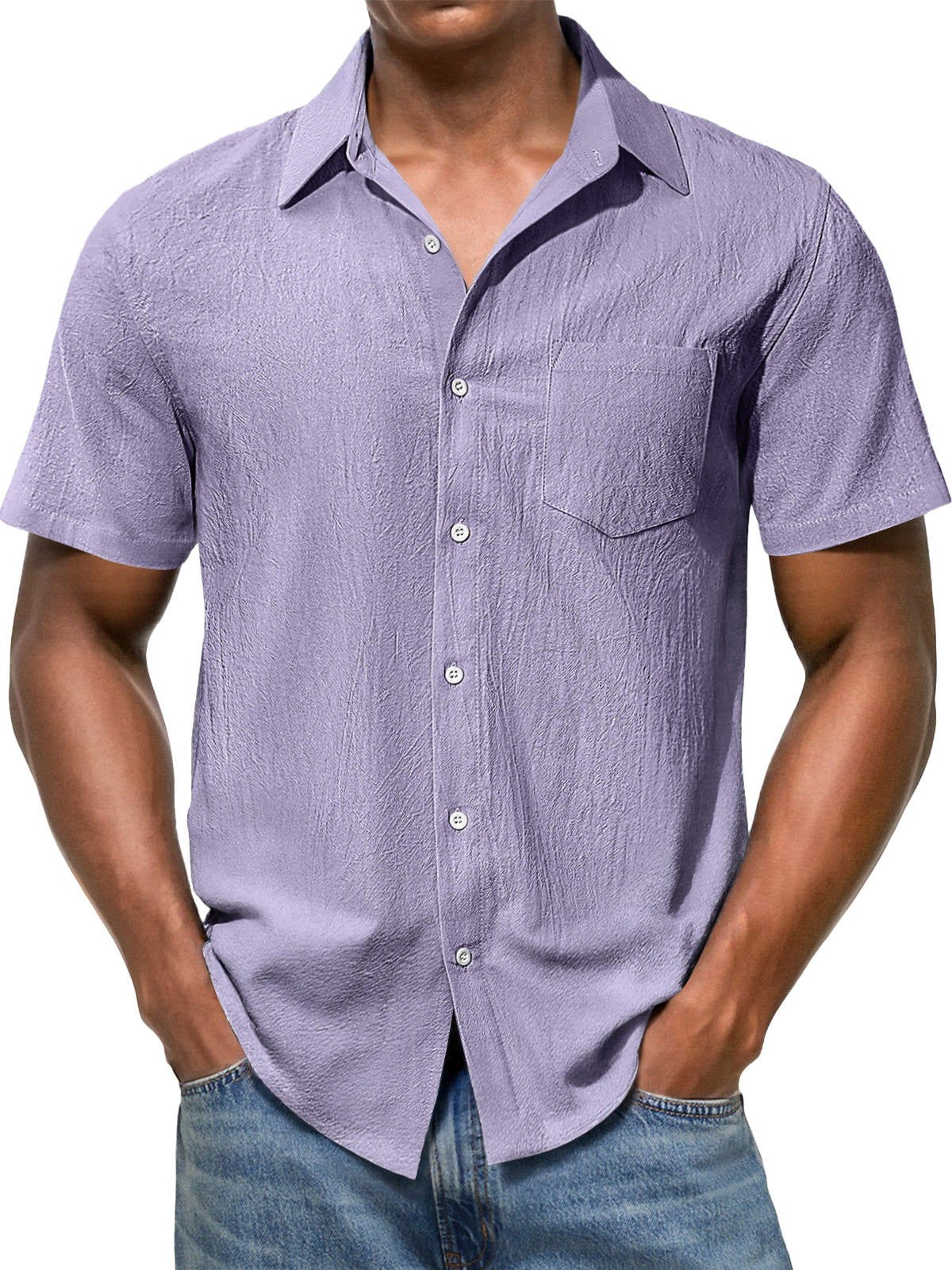Men's Casual Texture Lapel Pocket Solid Color Comfortable Short Sleeve Shirt