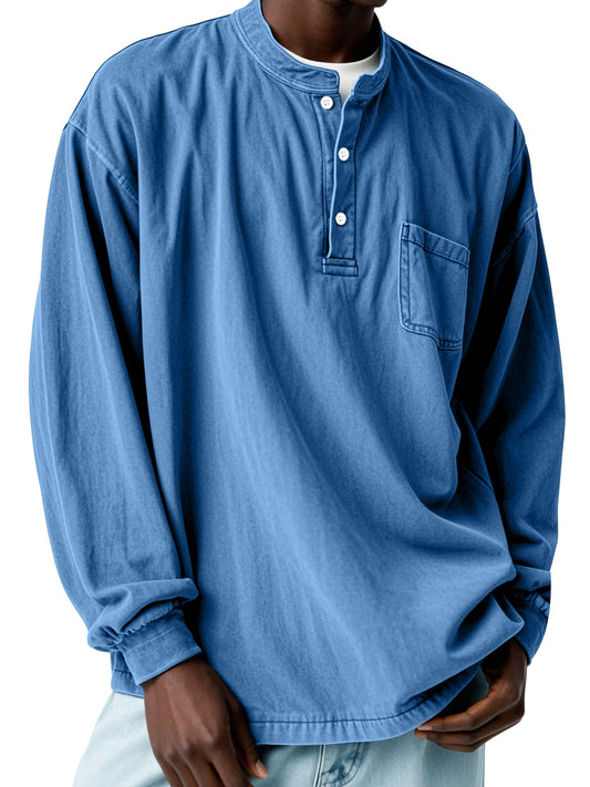 Men's Casual Solid Color Vintage Pocket Long Sleeve Button-down Henley Shirt