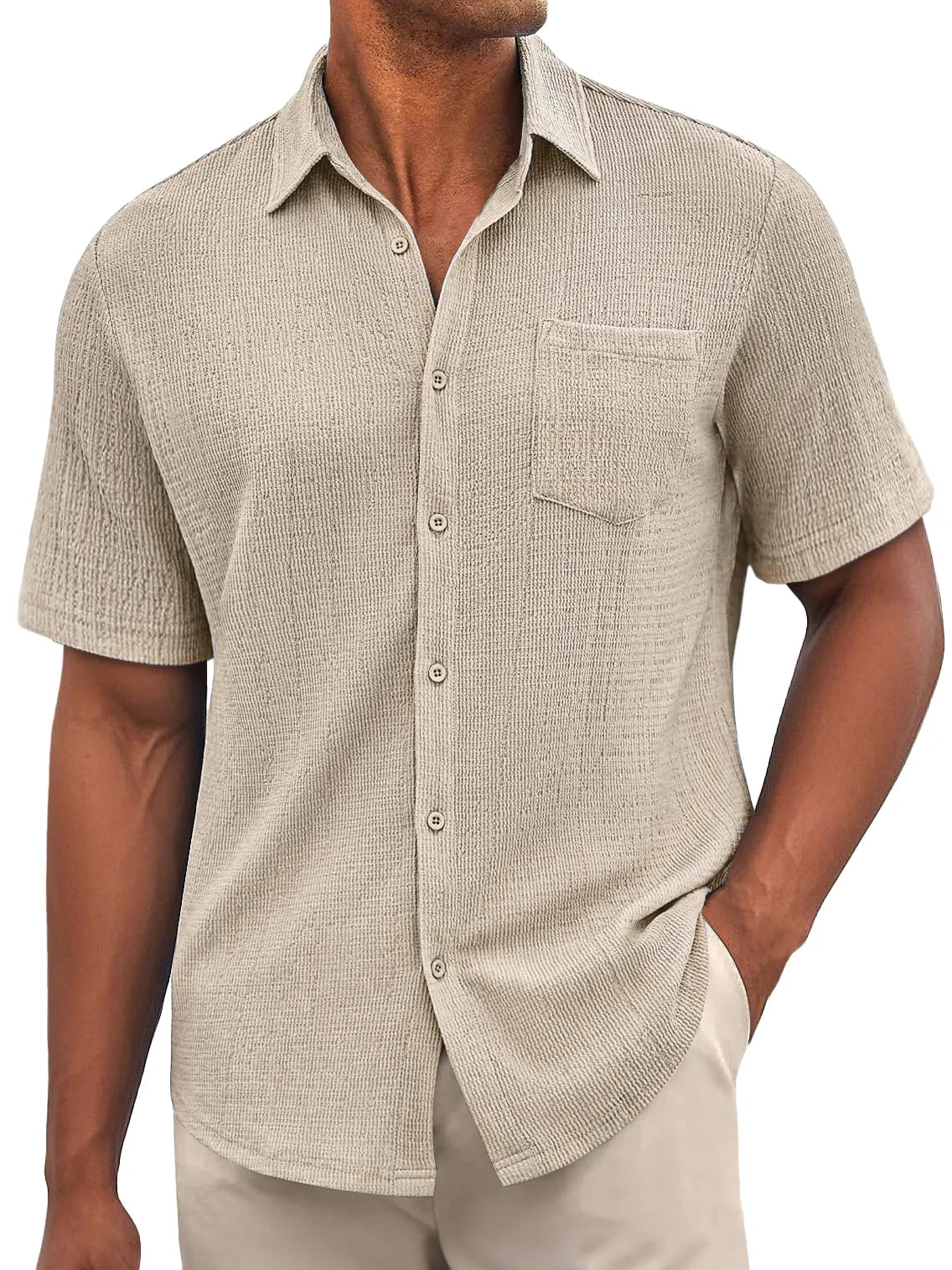 Men's Daily Bubble Wrinkle Casual Pocket Solid Color Short Sleeve Shirt