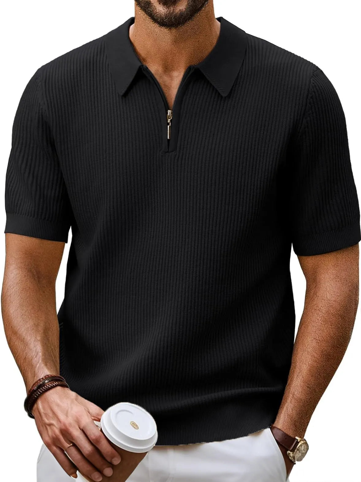 Men's Fashion Daily Casual Ripstop Fabric Zipper Short-sleeved Polo Shirt