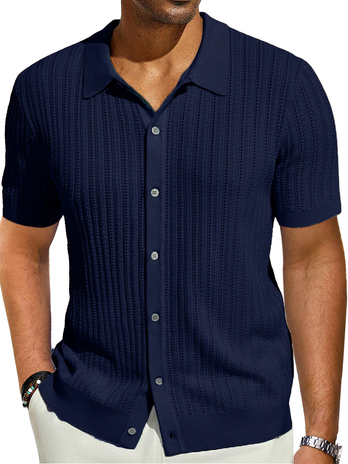 Men's Casual Solid Color Cool Knitted Short-sleeved Shirt