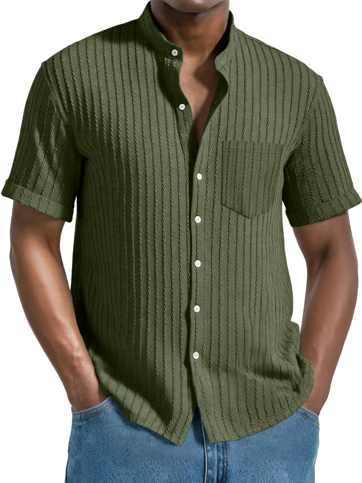Men's Daily Jacquard Texture Stand Collar Button Casual Short Sleeve Shirt