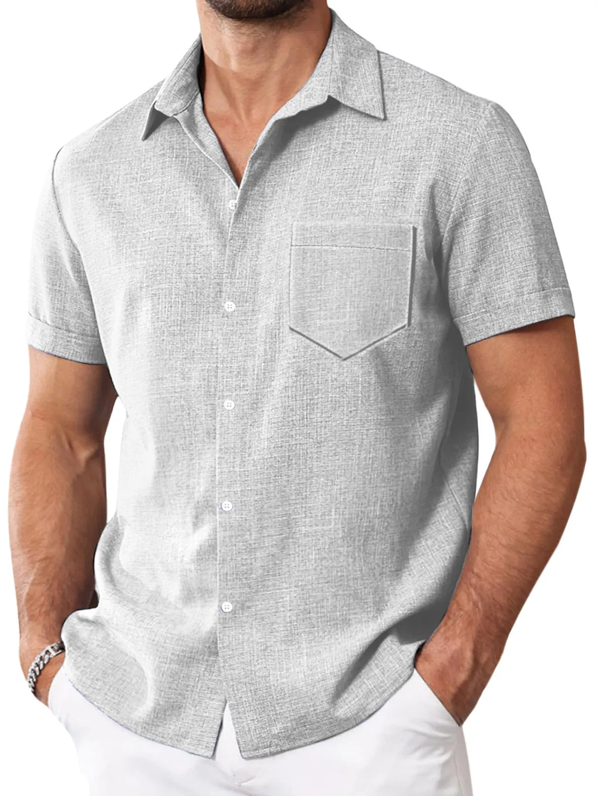 Men's Simple Solid Color Imitation Linen Lapel Button-down Short-sleeved Shirt
