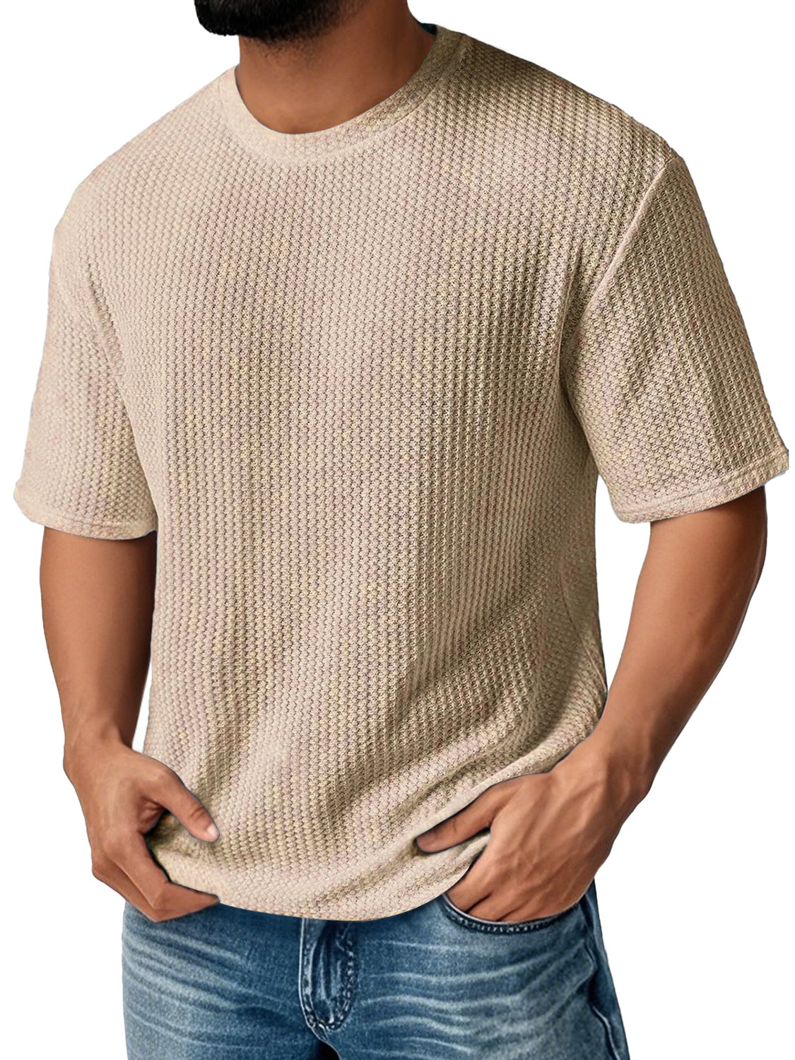 Men's Daily Round Neck Waffle Casual Solid Color Comfortable Short Sleeve T-shirt