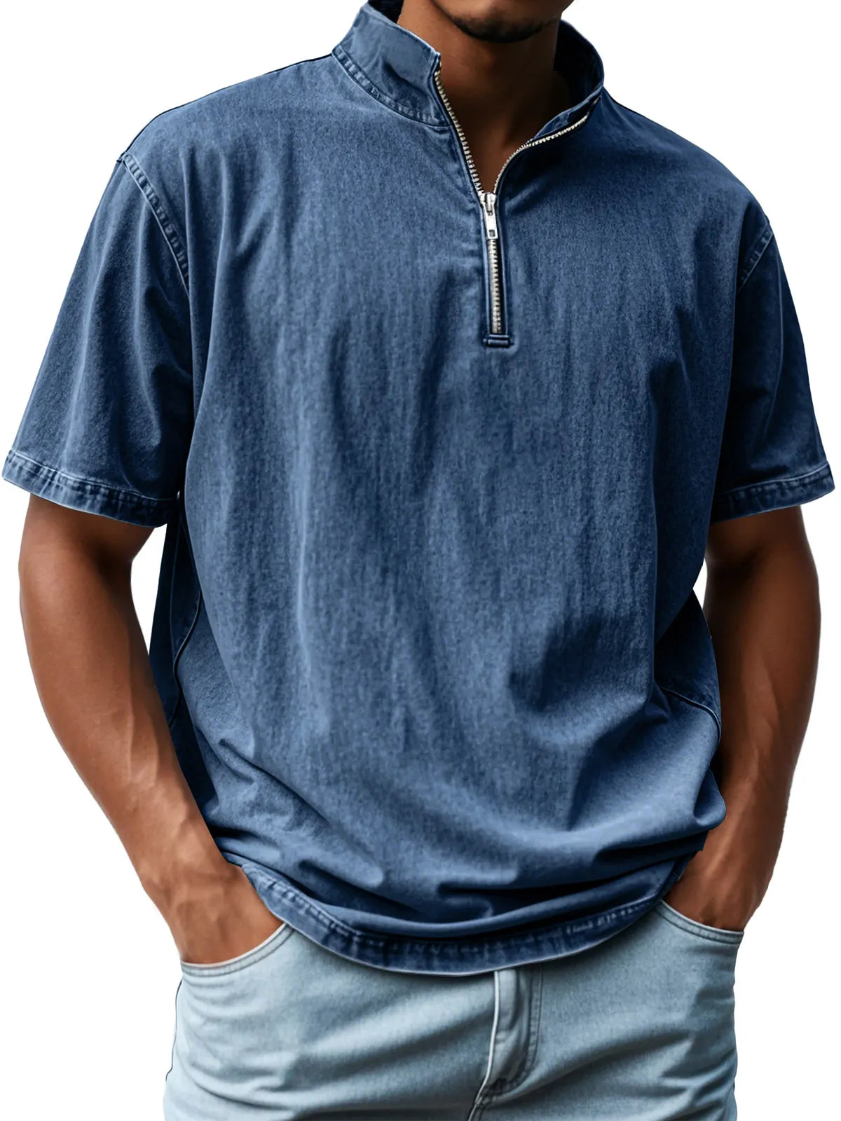 Men's Retro Stand Collar Zipper Casual Short Sleeve T-Shirt