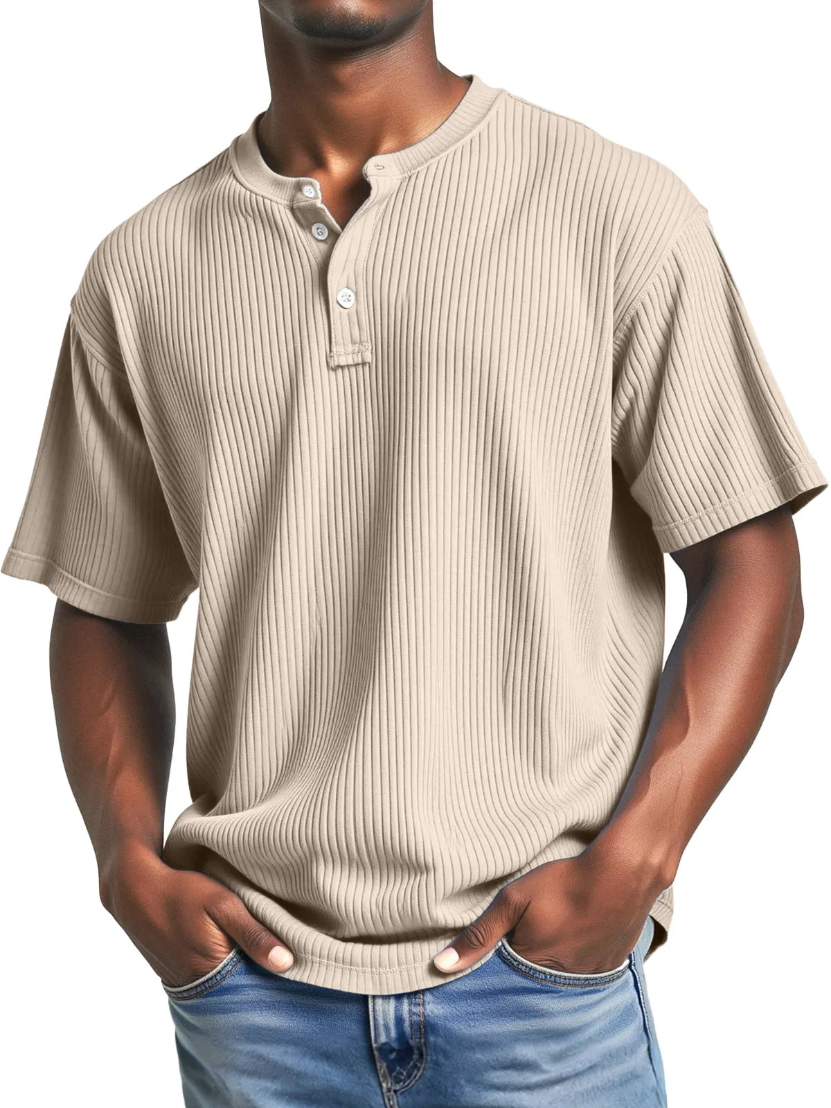 Men's Casual Solid Color Simple Pitted Texture Short-sleeved Henley Shirt