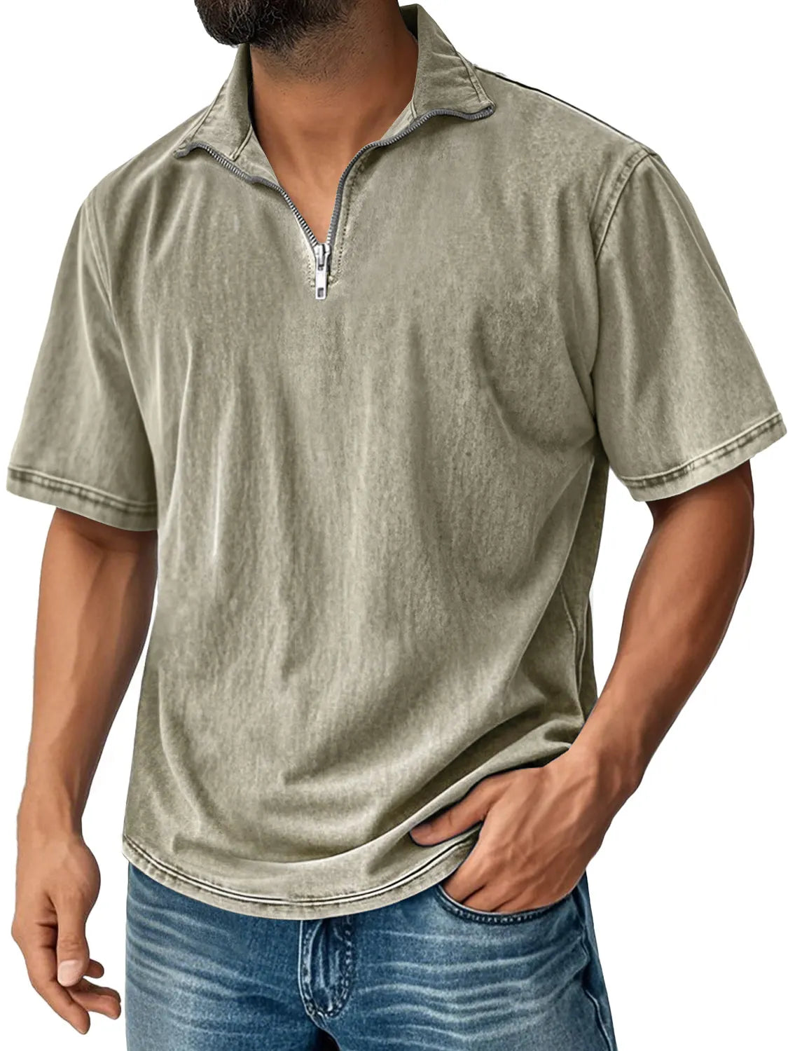 Men's Retro Stand Collar Zipper Casual Solid Color Short Sleeve T-shirt
