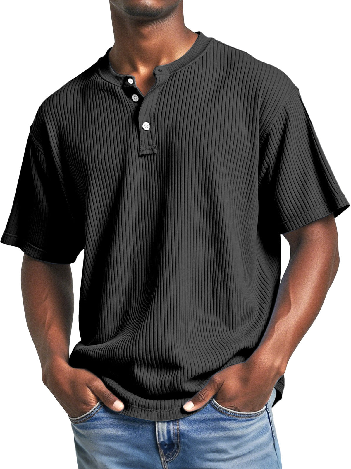Men's Casual Solid Color Simple Pitted Texture Short-sleeved Henley Shirt
