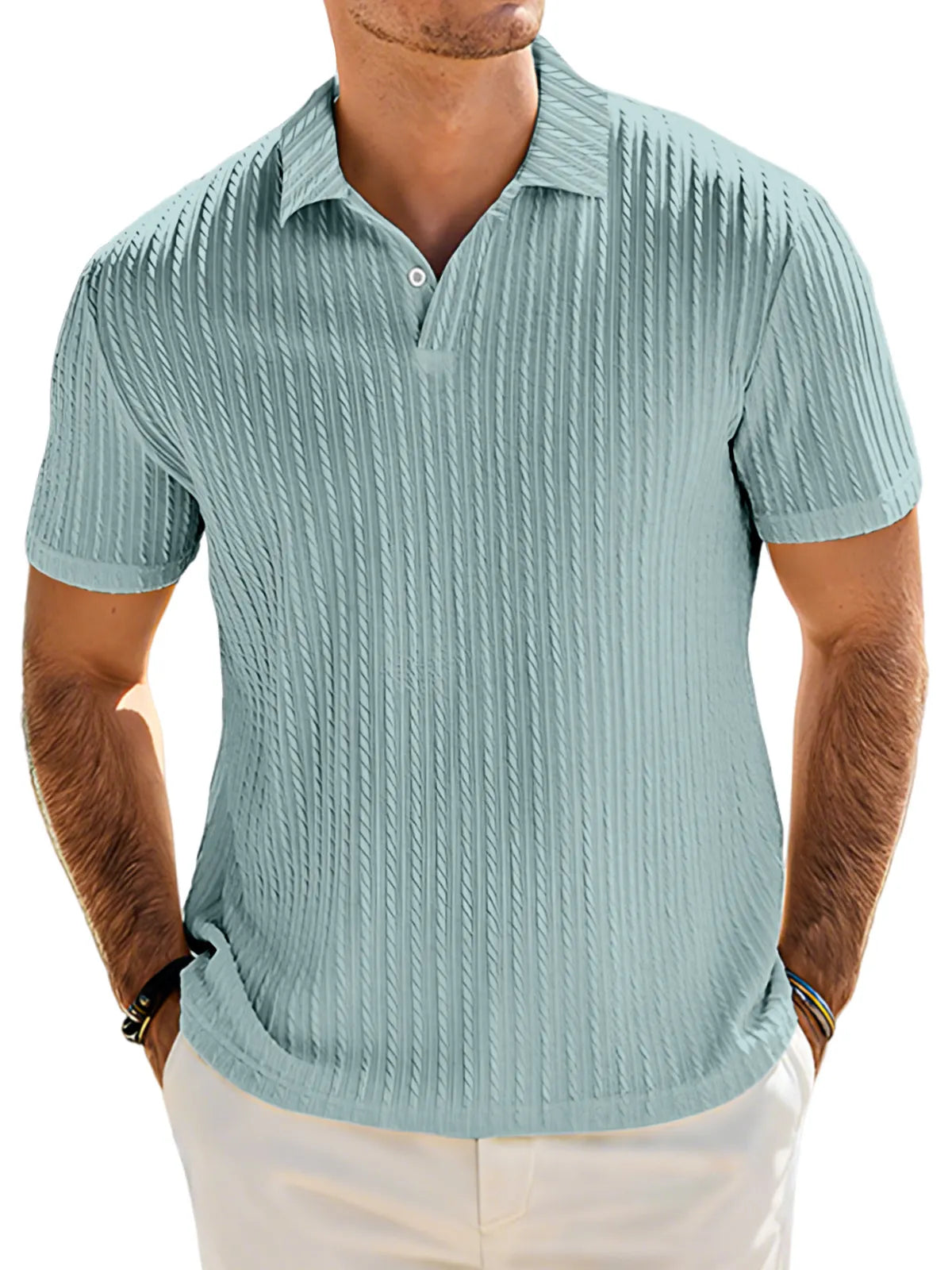 Men's Casual Solid Color Textured Lapel Button Short Sleeve Polo Shirt