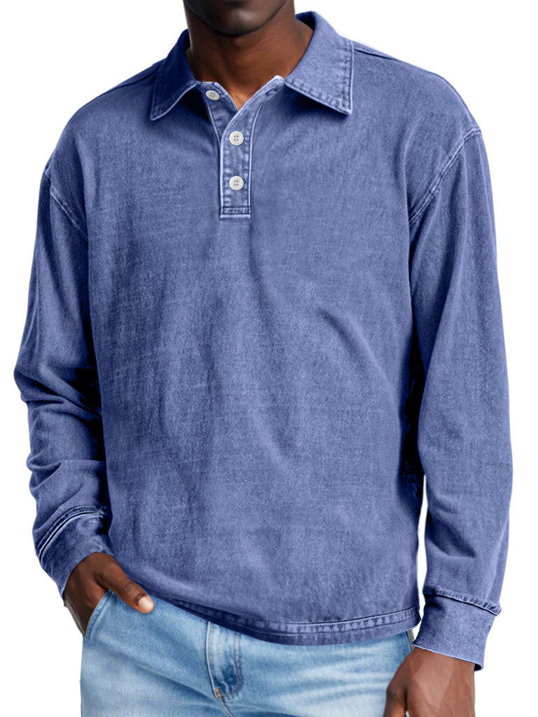 Men's Retro Distressed Lapel Button Casual Solid Color POLO Shirt