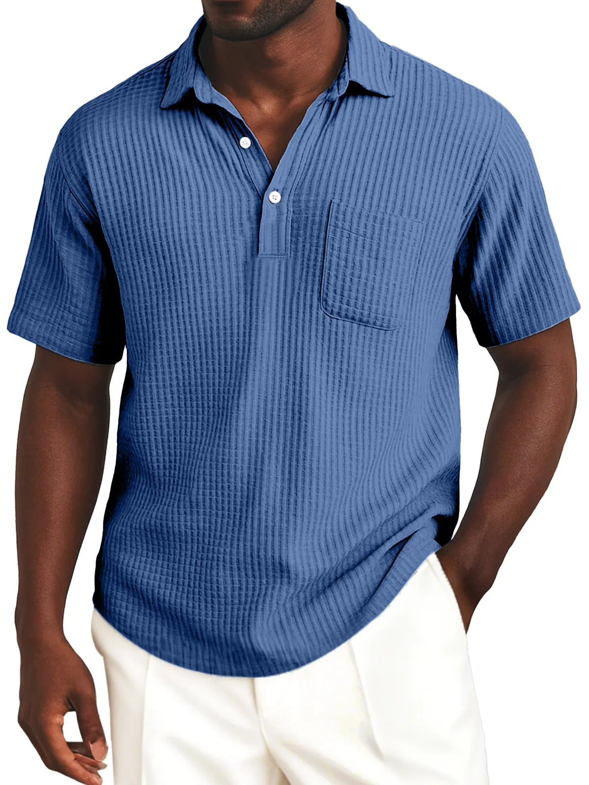 Men's Simple Everyday Solid Color Waffle Lapel Button-up Polo Shirt