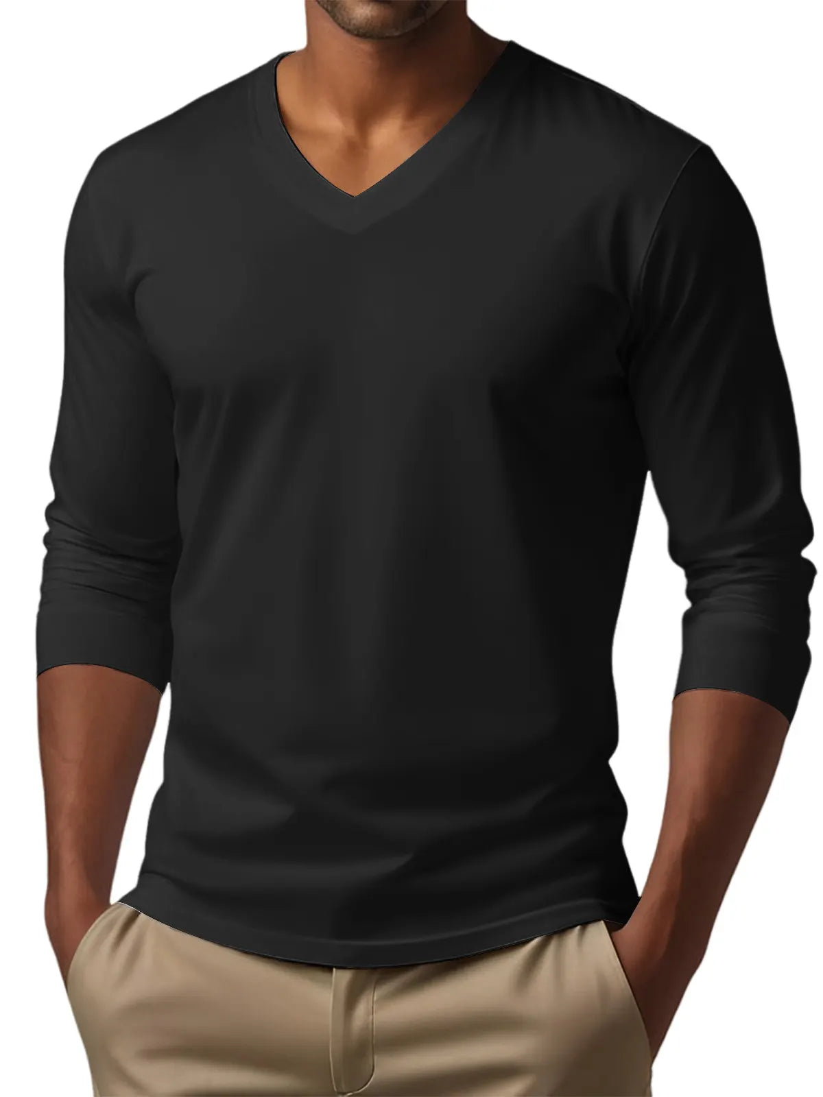 Men's V-neck casual solid color long-sleeved T-shirt