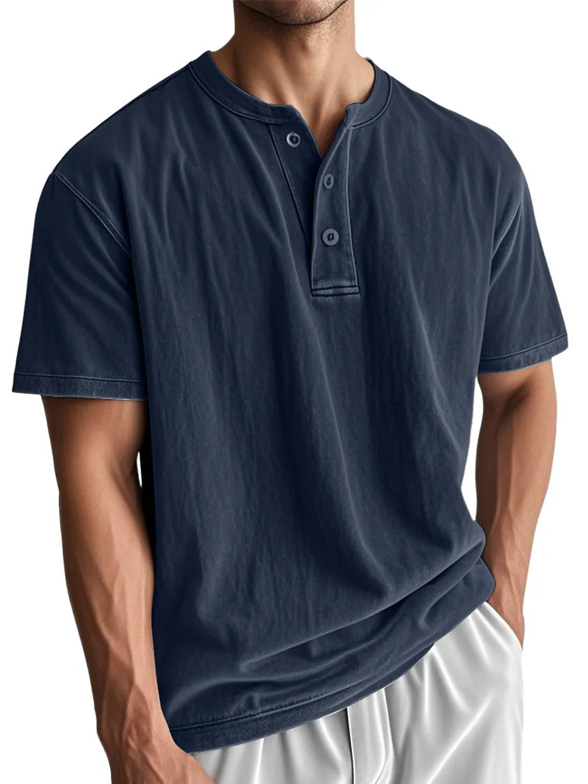 Men's Washed And Distressed Cotton Vintage Henley Collar Short-sleeved T-shirt