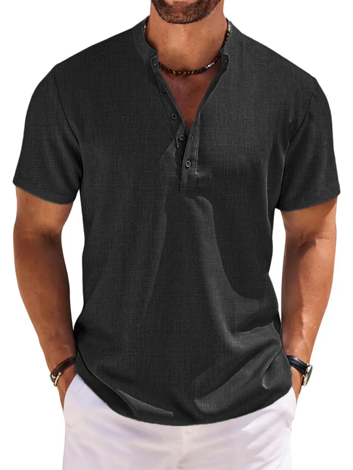 Men's 100% Cotton and Linen Casual Short Sleeve Henley Button Shirt