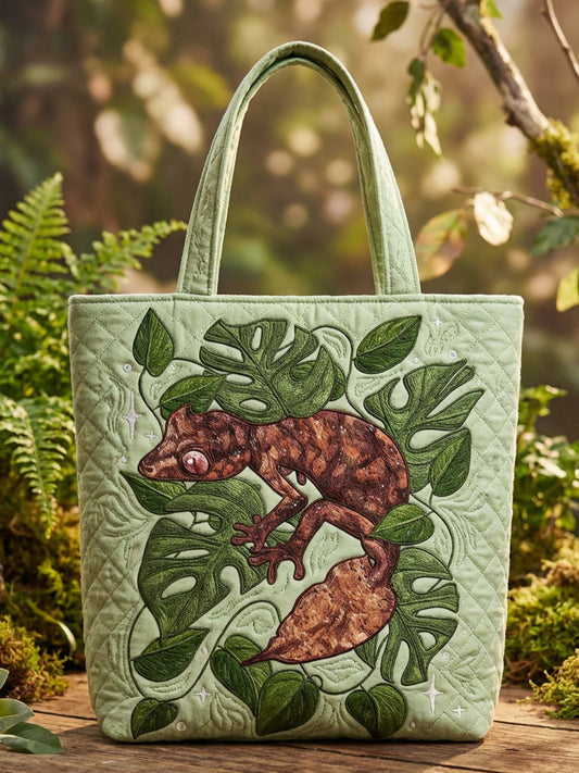 Gecko and Leaves Quilted Tote Bag