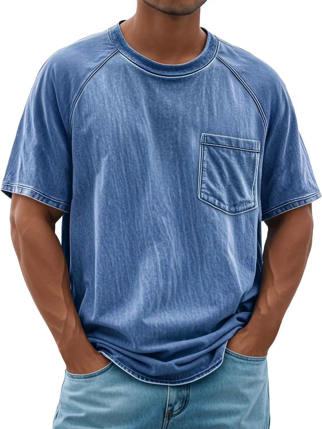 Men's Retro Round Neck Raglan Pocket Casual Short Sleeve T-Shirt