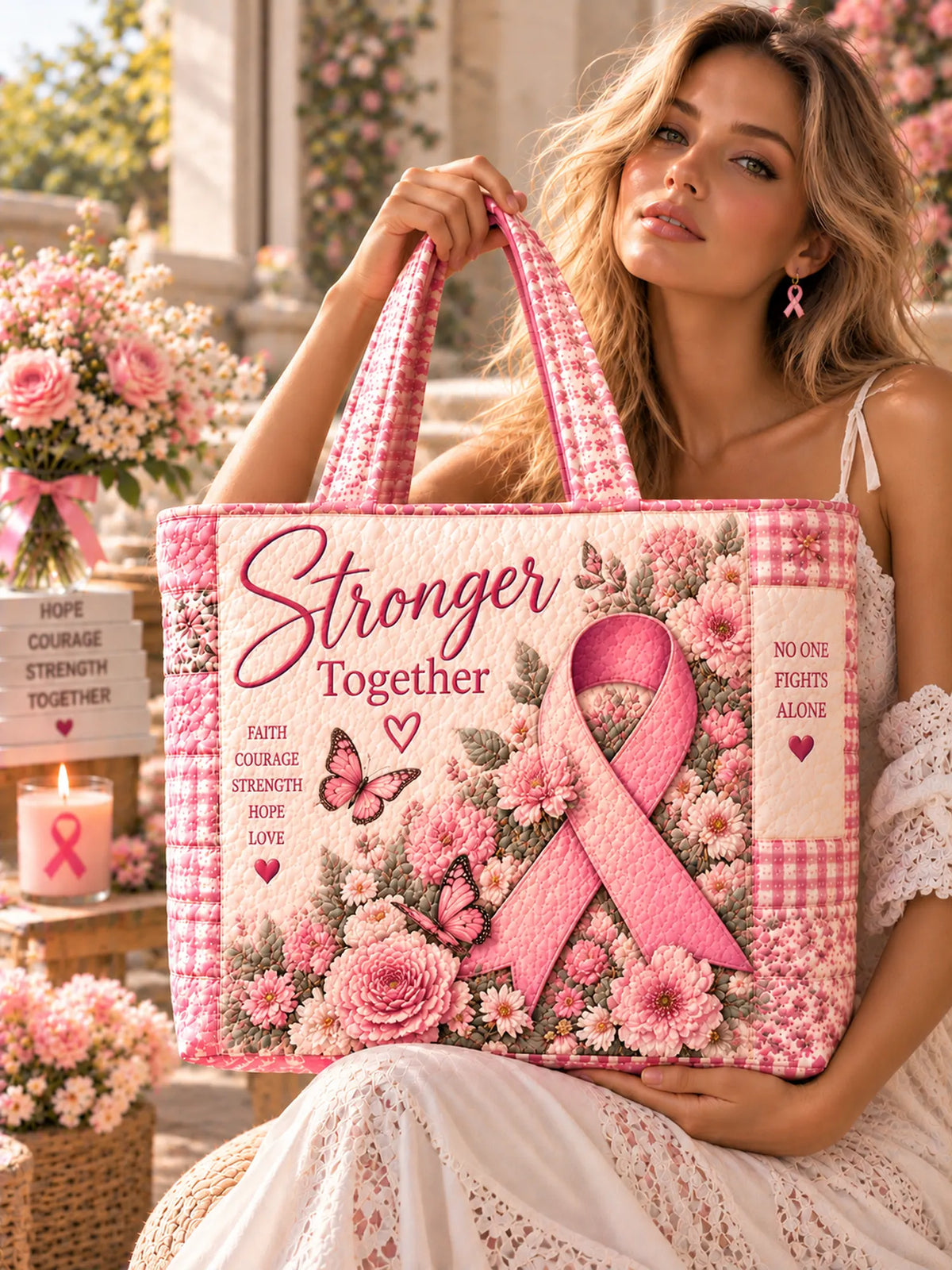 Stronger Together Pink Ribbon Quilted Tote Bag