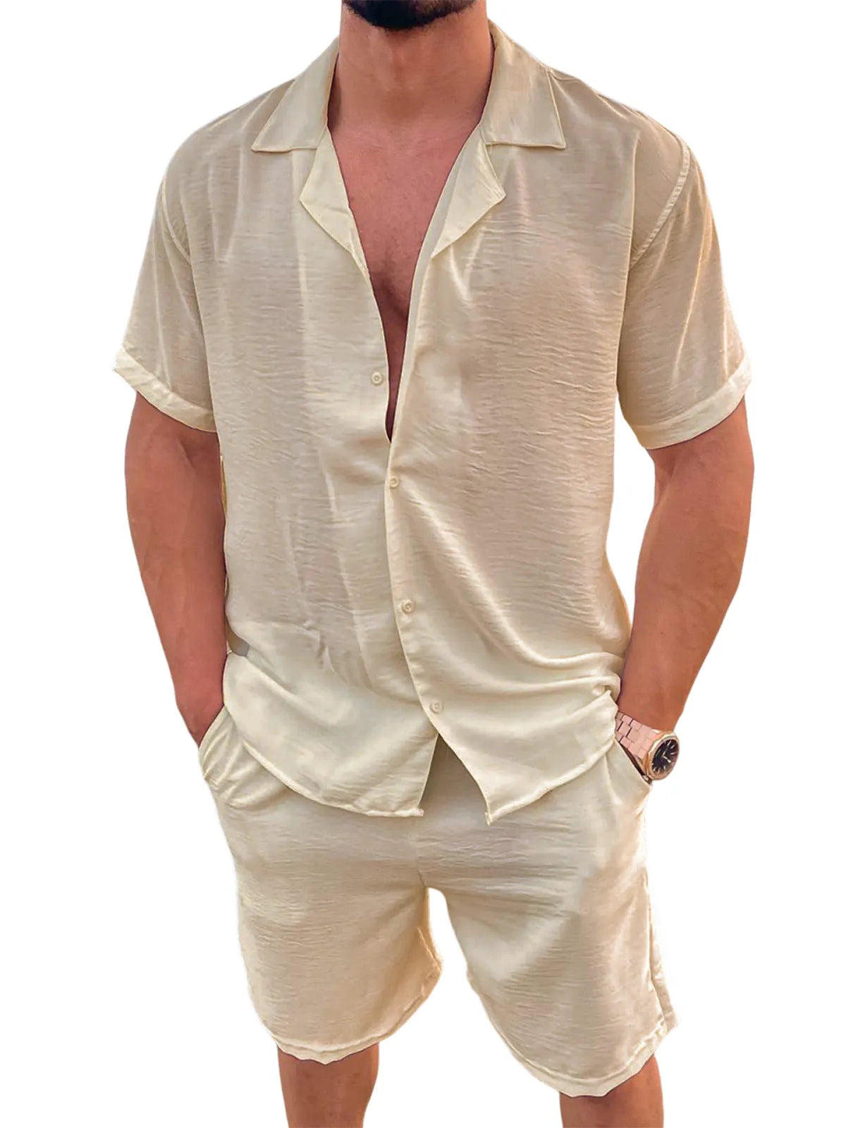Men's Linen Camp Set Vacation Leisure Short Sleeve and Shorts Two-piece Suit