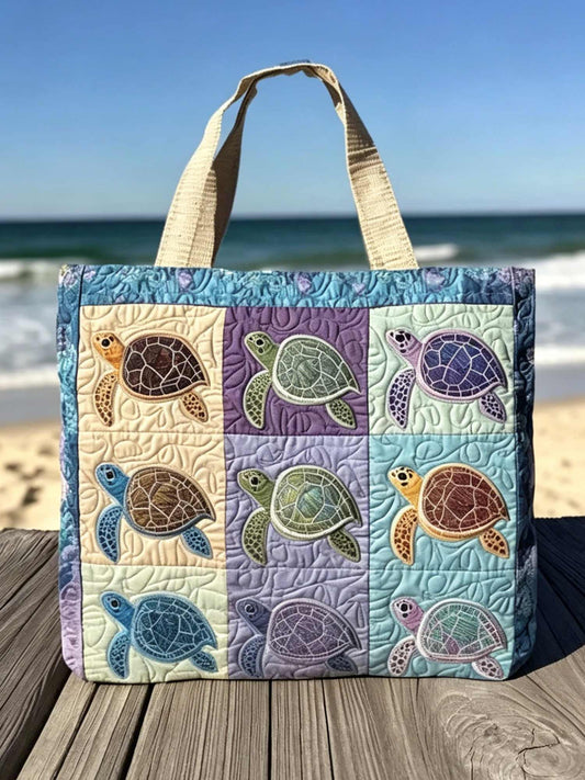 Beach Vacation Colorful Turtle Pattern Quilted Tote Bag