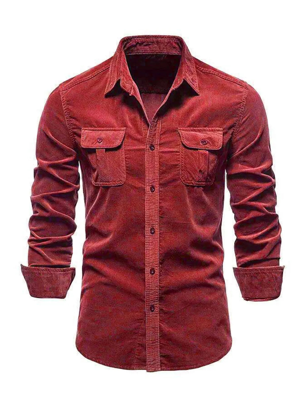 Men's Casual Corduroy Double Pocket Solid Color Long Sleeve Shirt