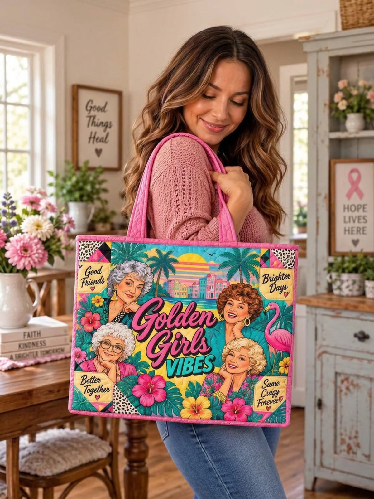 Classic Ladies Vibes Tropical Flamingo Patchwork Quilted Tote Bag