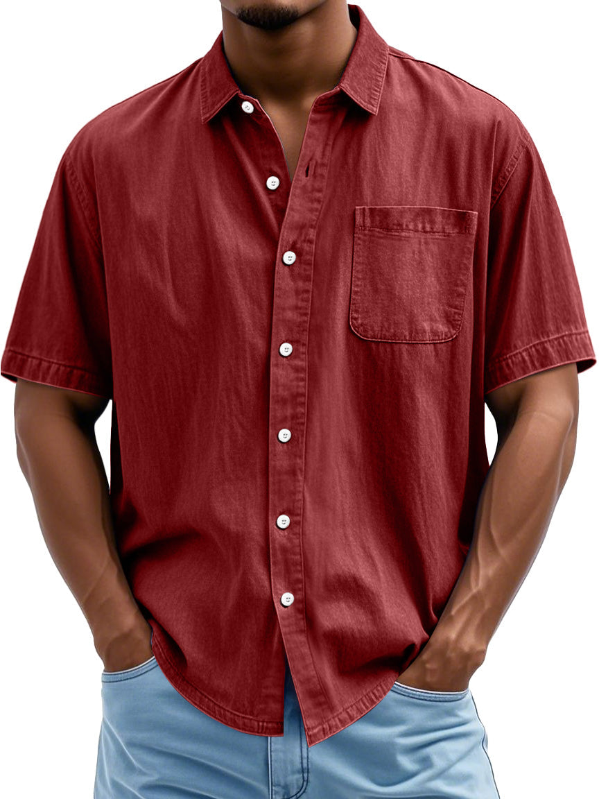 Men's Fashion Casual Lapel Pocket Solid Color Short Shirt
