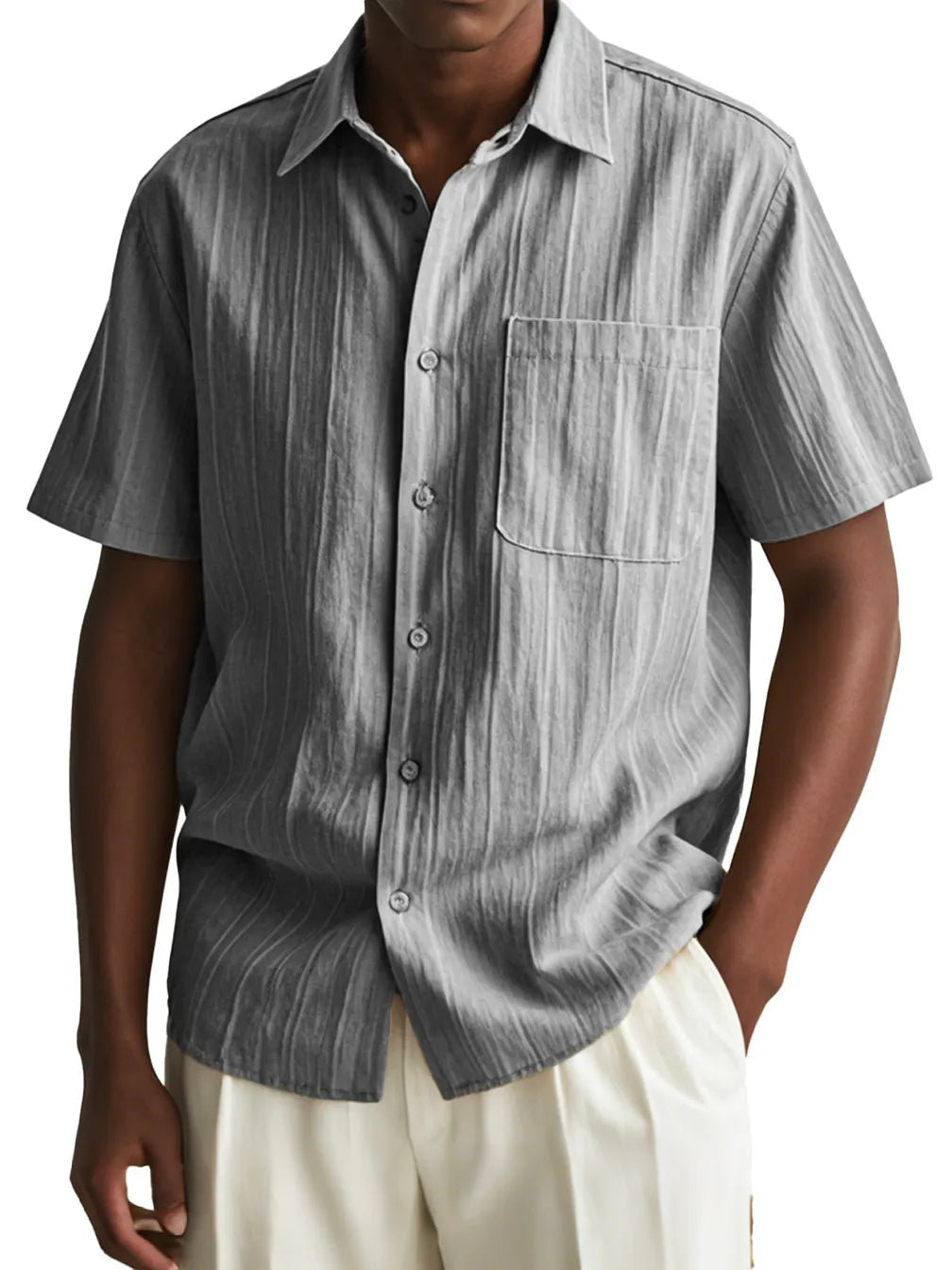 Men's Fashion Casual Pleated Fabric Short Sleeve Pocket Shirt