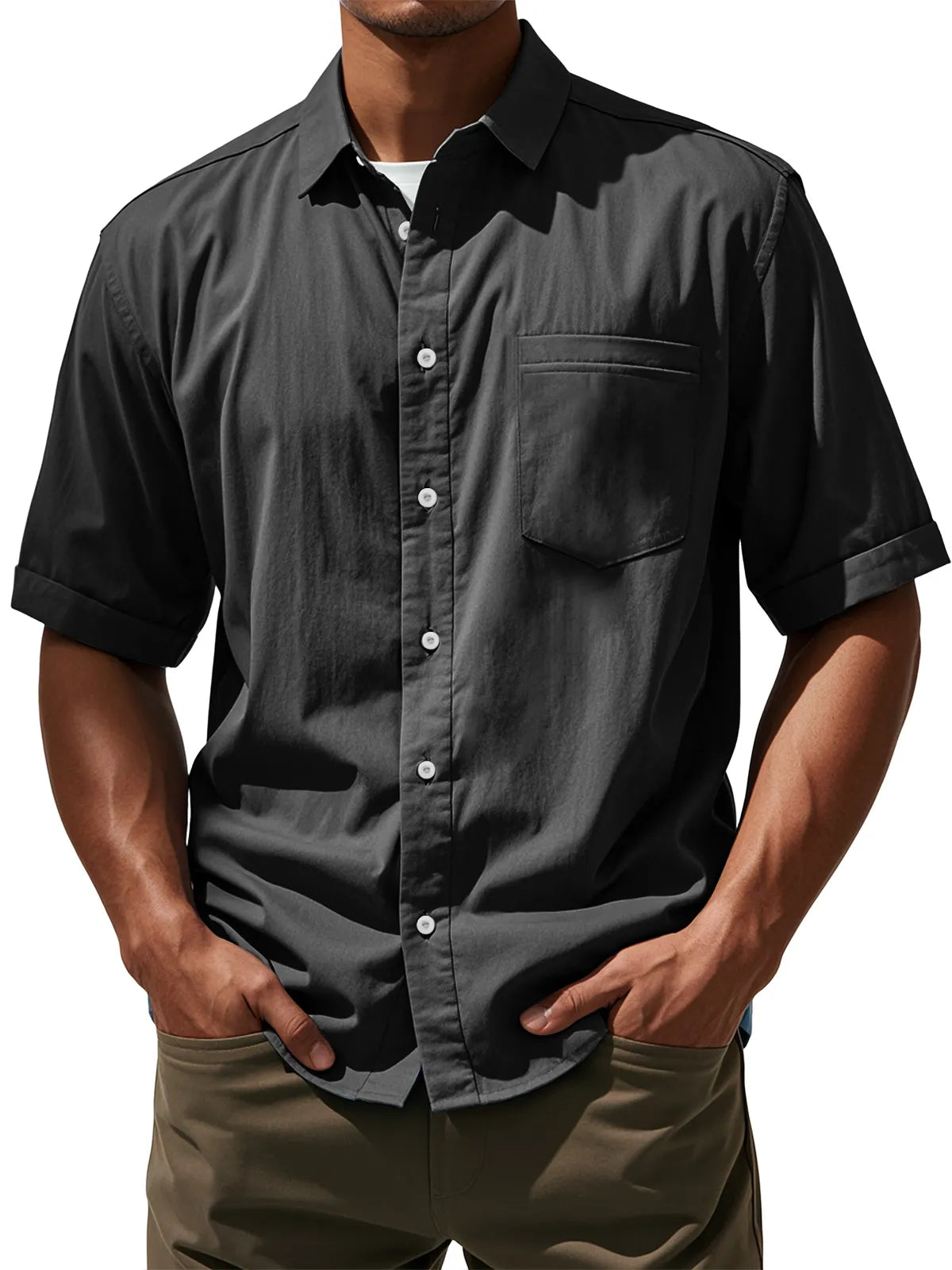 Men's Daily Casual Pocket Solid Color Comfortable Short Sleeve Shirt