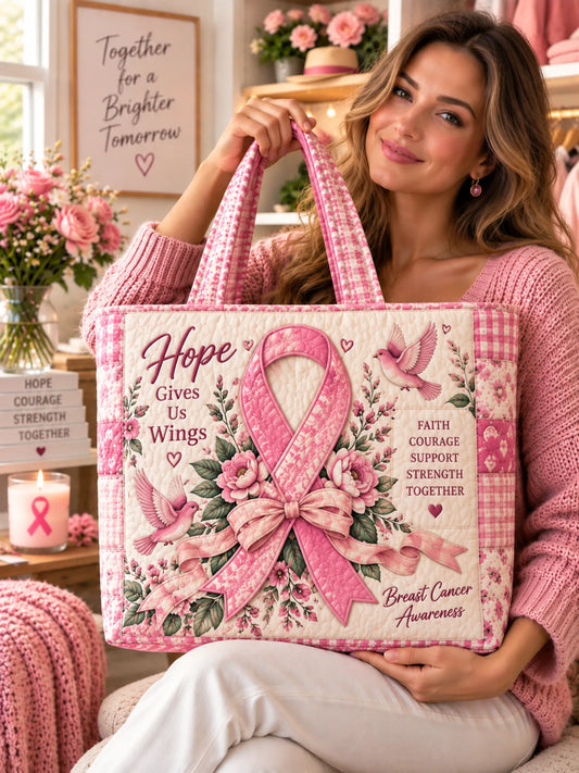 Hope Gives Us Wings Pink Ribbon Dove Floral Patchwork Quilted Tote Bag