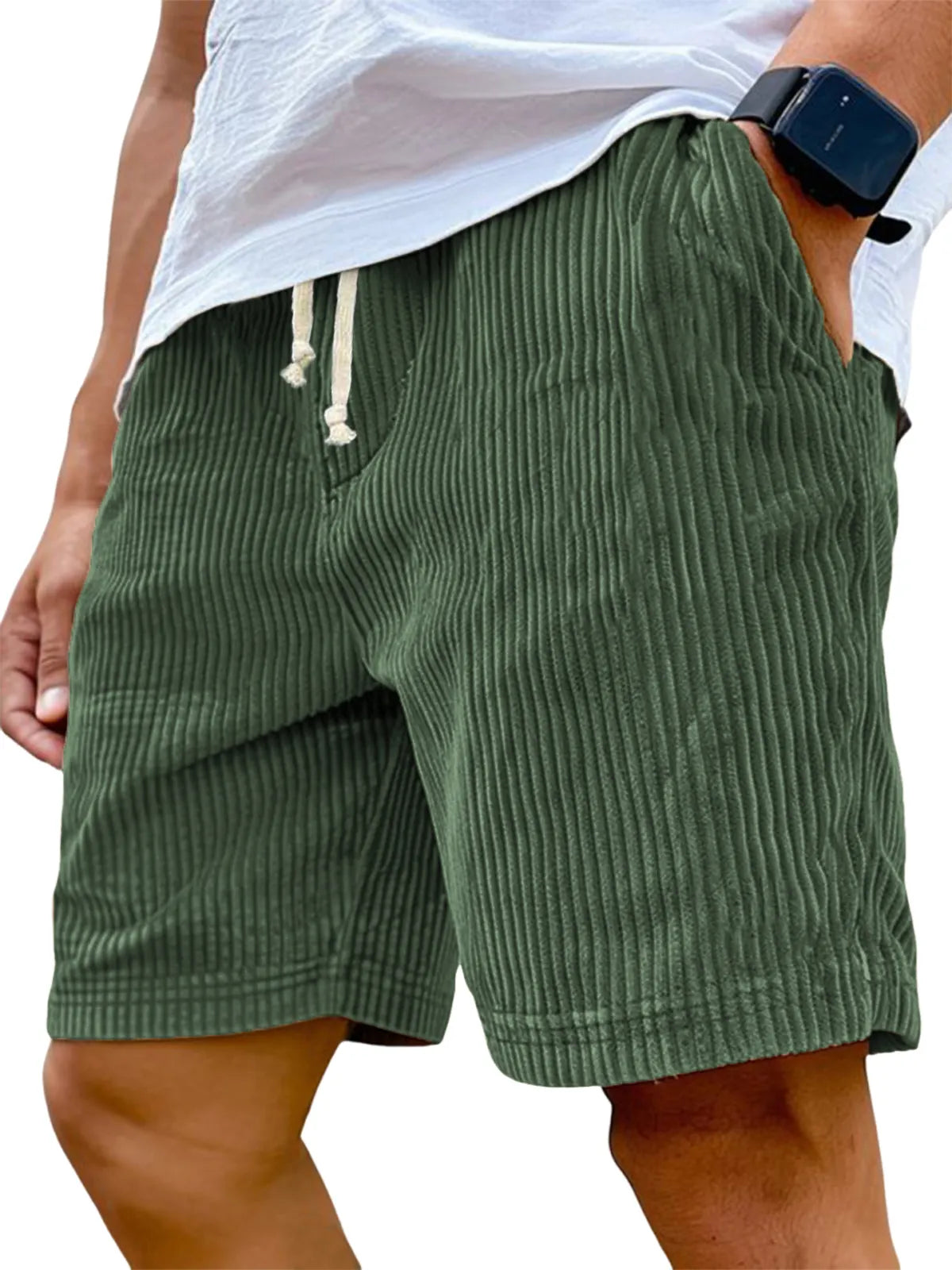 Men's Stylish Ribbed Vertical Striped Corduroy Loose Lace-up Casual Shorts